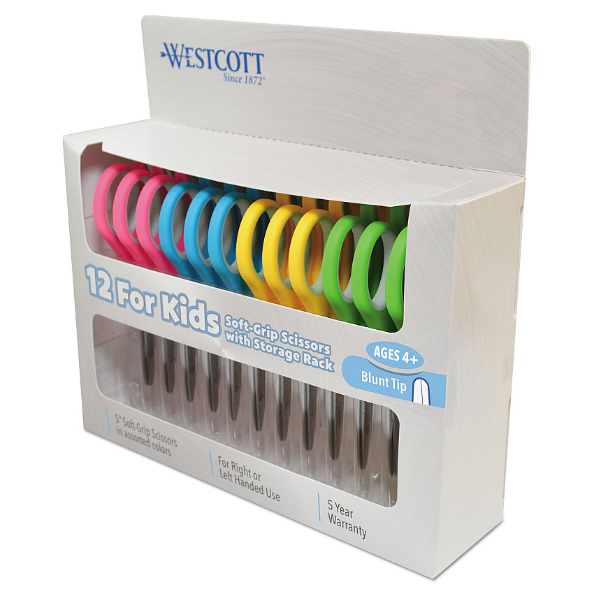 Westcott Soft Handle Kids Scissors, Rounded Tip, 5" Long, 1.75" Cut Length, Assorted Straight Handles, 12/Pack (15971)