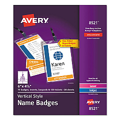 Avery Lanyard-Style Badge Holder w/Laser/Inkjet Inserts, Top Load, 4.25 x 6, WE, 75/PK (8521)