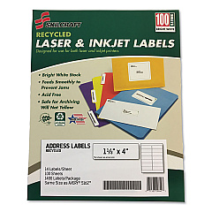 AbilityOne 7530016736513 SKILCRAFT Recycled Laser and Inkjet Labels, Inkjet/Laser Printers, 1.33 x 4, White, 14/Sheet, 100 Sheets/Box