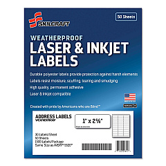 AbilityOne 7530016736516 SKILCRAFT Weatherproof Mailing Labels, Laser Printers, 1 x 2.63, White, 30/Sheet, 50 Sheets/Box