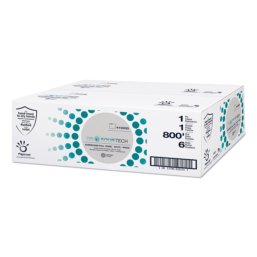 Papernet DissolveTech Paper Towel, 1-Ply, 7.8" x 800 ft, White, 6 Rolls/Case (410333)