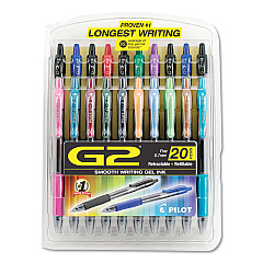 Pilot G2 Premium Gel Pen, Retractable, Fine 0.7 mm, Assorted Ink and Barrel Colors, 20/Pack (31294)