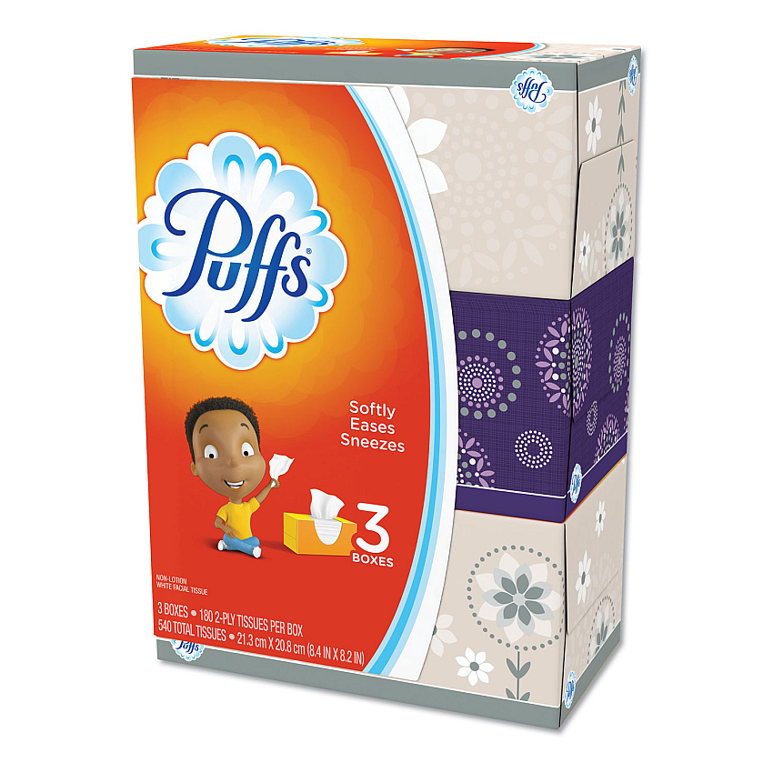 Puffs White Facial Tissue, 2-Ply, White, 180 Sheets/Box, 3 Boxes/Pack, 8 Packs/Carton (87615)