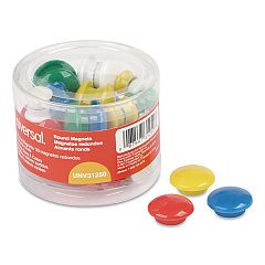 Universal Assorted Magnets, Plastic, 5/8" dia, 1" dia, 1 5/8" dia, Asst Colors, 30/Pack (UNV31250)