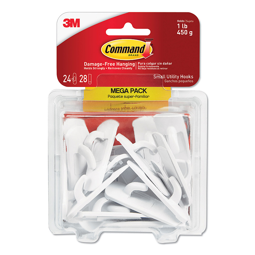 Command General Purpose Hooks, Small, 1 lb Cap, White, 24 Hooks and 28 Strips/Pack (17002MPES)