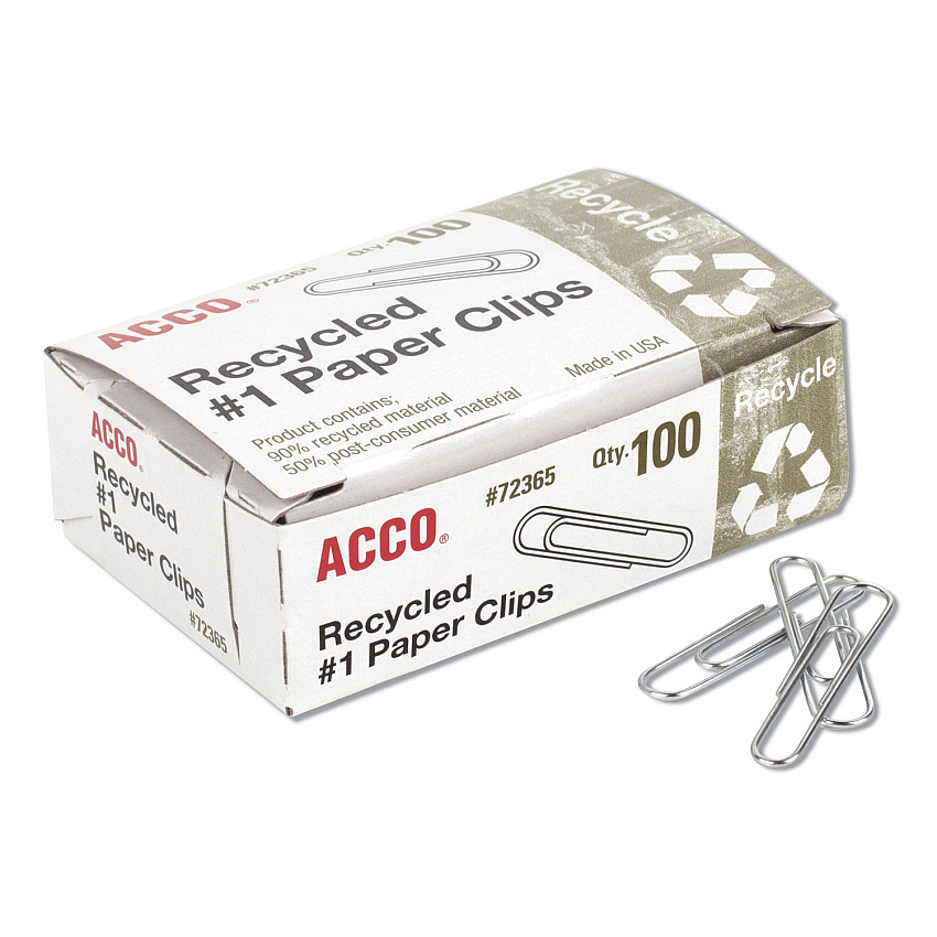 ACCO Recycled Paper Clips, Medium (No. 1), Silver, 100/Box, 10 Boxes/Pack (72365)