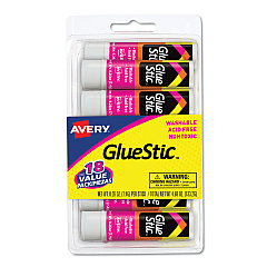 Avery Permanent Glue Stic Value Pack, 0.26 oz, Applies White, Dries Clear, 18/Pack (98089)