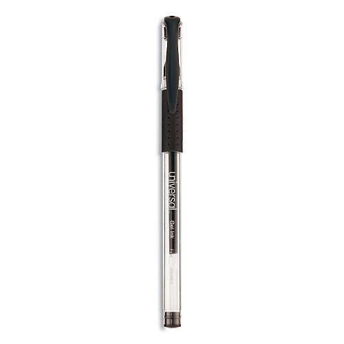 Universal Comfort Grip Gel Pen, Stick, Fine 0.5 mm, Black Ink, Clear Barrel, Dozen (UNV39514)