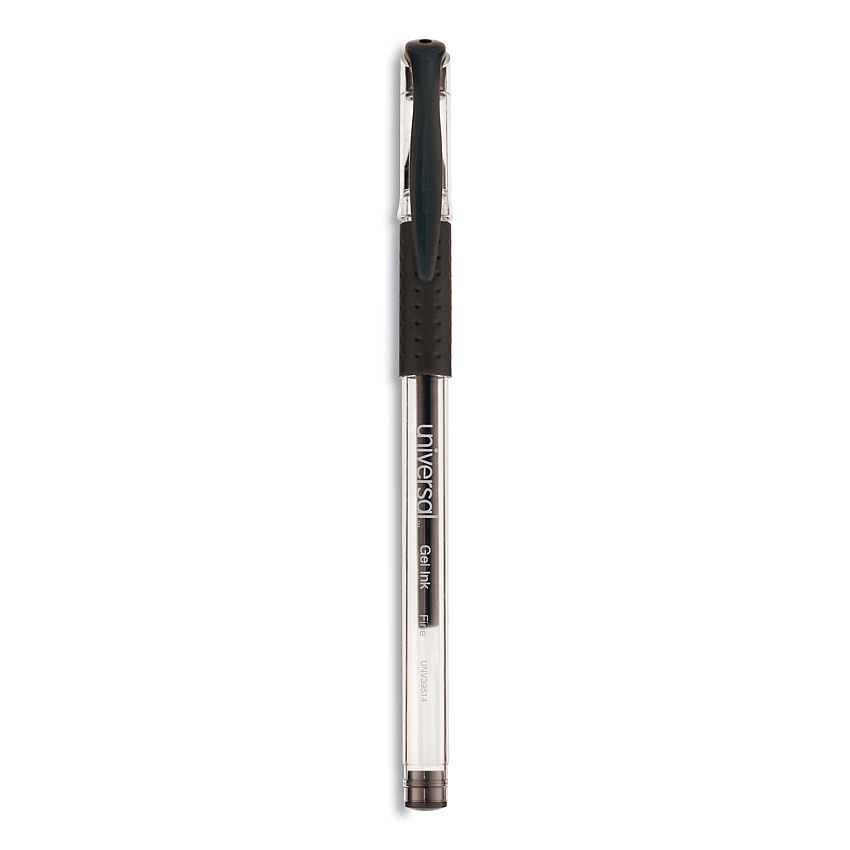 Universal Comfort Grip Gel Pen, Stick, Fine 0.5 mm, Black Ink, Clear Barrel, Dozen (UNV39514)