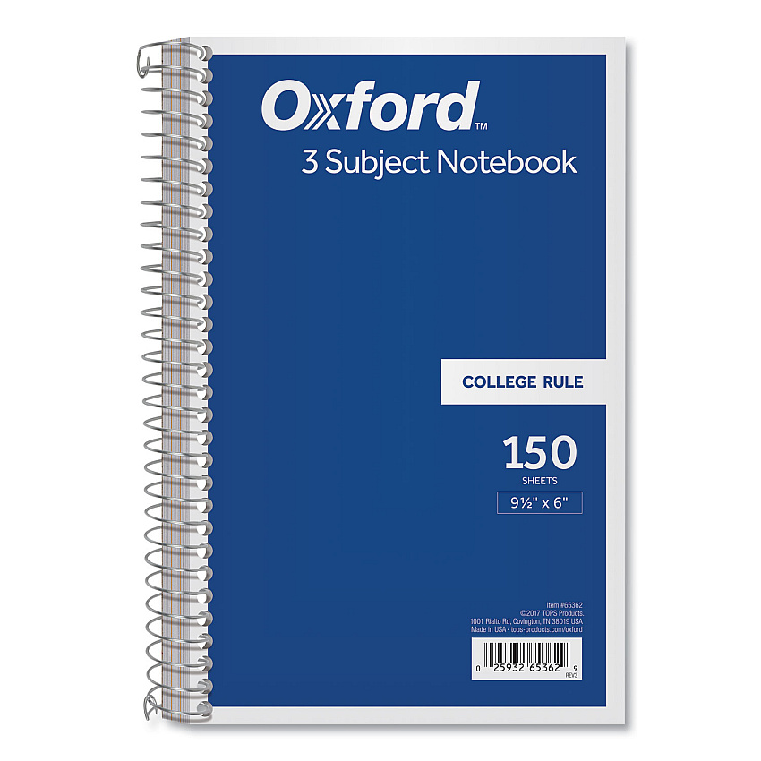 Oxford Coil-Lock Wirebound Notebooks, 3 Subject, Medium/College Rule, Randomly Assorted Covers, 9.5 x 6, 150 Sheets (65362)