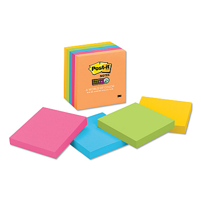 Post-it Notes Super Sticky Pads in Energy Boost Collection Colors, 3" x 3", 90 Sheets/Pad, 5 Pads/Pack (6545SSUC)