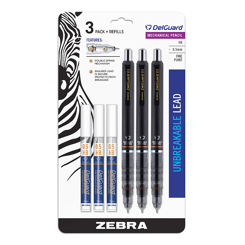 Zebra Delguard Mechanical Pencil, 0.5 mm, HB (#2.5), Black Lead, Black Barrel, 3/Pack (10613)