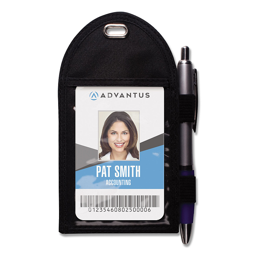 Advantus Badge Holder with Pen Loop, Vertical, Black 3.25" x 6" Holder, 2.75" x 3.5" Insert, 12/Box (75648)