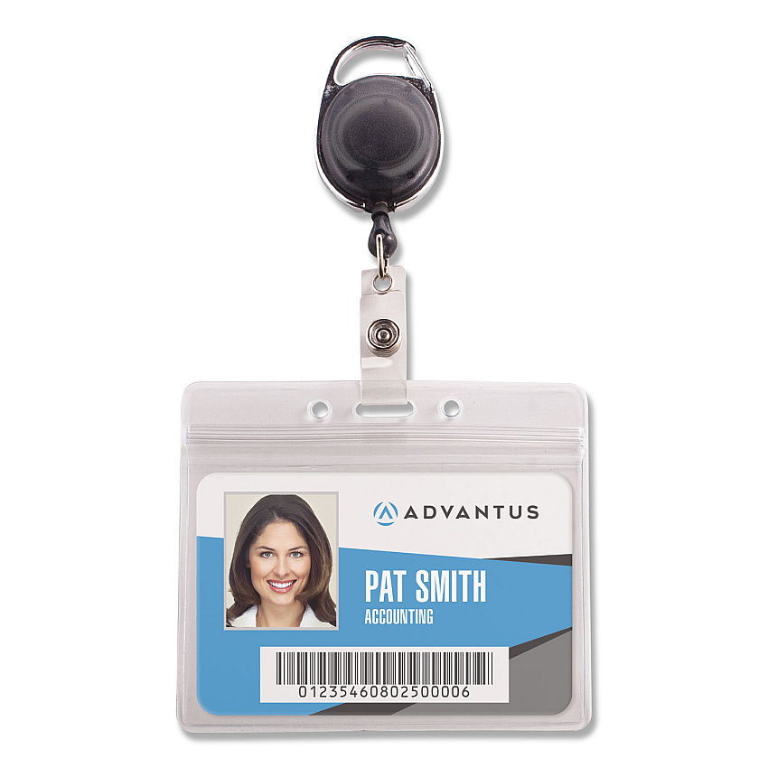 Advantus Resealable ID Badge Holders with 30" Cord Reel, Horizontal, Frosted 4.13" x 3.75" Holder, 3.75" x 2.63" Insert, 10/Pack (91130)