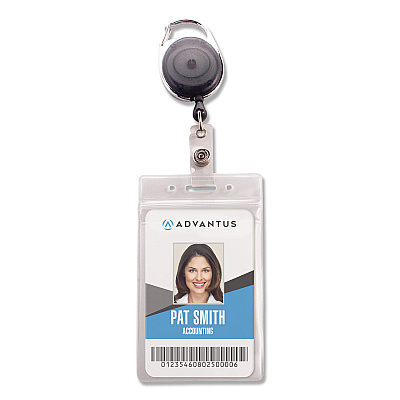 Advantus Resealable ID Badge Holders with 30" Cord Reel, Vertical, Frosted 3.68" x 5" Holder, 2.5" x 4" Insert, 10/Pack (91129)