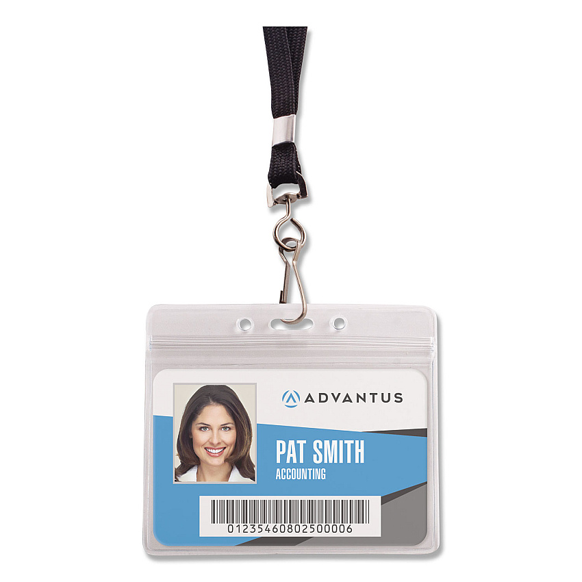 Advantus Resealable ID Badge Holders, J-Hook and 36" Lanyard, Horizontal, Frosted 4.13" x 3.75" Holder, 3.88" x 2.63" Insert, 20/Pack (91132)