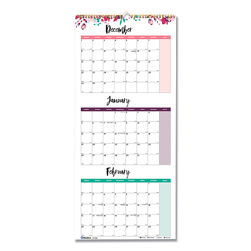Blueline 3-Month Wall Calendar, Colorful Leaves Artwork, 12.25 x 27, White/Multicolor Sheets, 12-Month (Jan to Dec): 2023 (C171129)