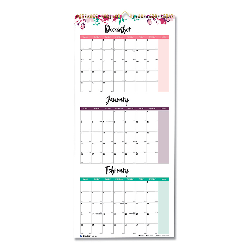 Blueline 3-Month Wall Calendar, Colorful Leaves Artwork, 12.25 x 27, White/Multicolor Sheets, 12-Month (Jan to Dec): 2023 (C171129)