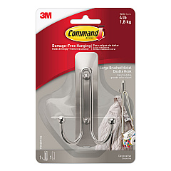 Command Adhesive Mount Metal Hook, Large, Double Hook, Brushed Nickel Finish, 4 lb Capacity, 1 Hook and 2 Strips/Pack (17036BNES)