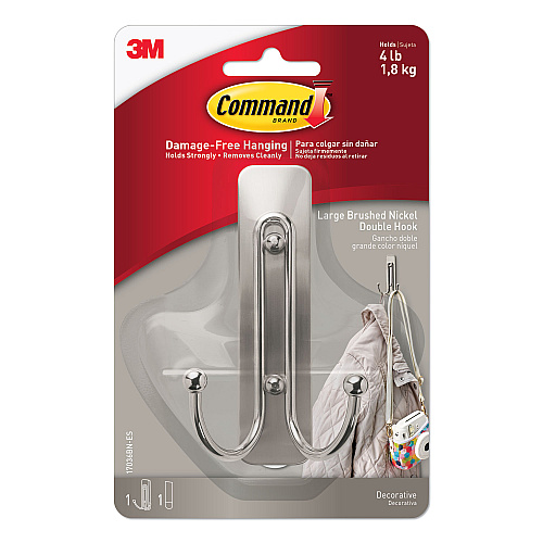 Command Adhesive Mount Metal Hook, Large, Double Hook, Brushed Nickel Finish, 4 lb Capacity, 1 Hook and 2 Strips/Pack (17036BNES)