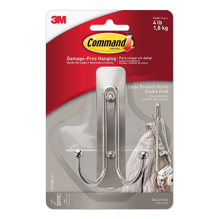 Command Adhesive Mount Metal Hook, Large, Double Hook, Brushed Nickel Finish, 4 lb Capacity, 1 Hook and 2 Strips/Pack (17036BNES)