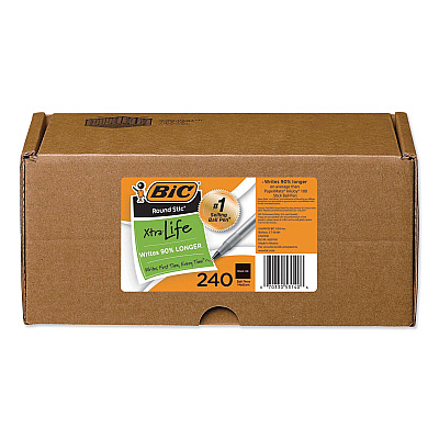 BIC Round Stic Xtra Life Ballpoint Pen Xtra-Value Pack, Stick, Medium 1 mm, Black Ink, Black Barrel, 240/Carton (GSM240BK)