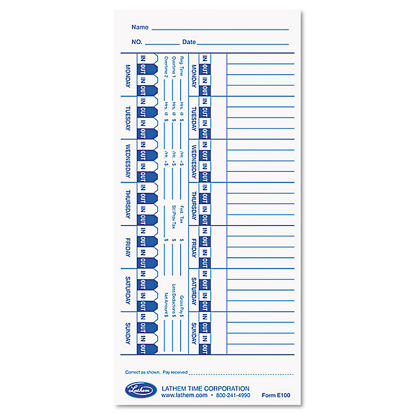 Time Clock Cards for Lathem Time E Series, One Side, 4 x 9, 100/Pack (E100)