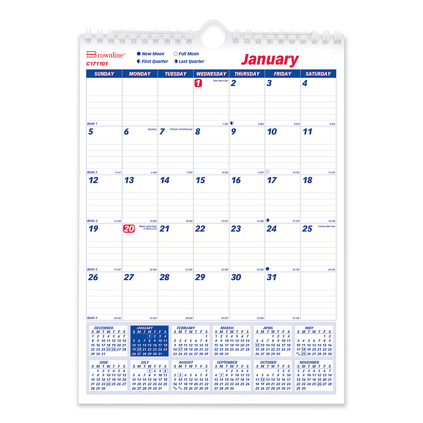 Brownline Twin-Wirebound Wall Calendar, One Month per Page, 8 x 11, White Sheets, 12-Month (Jan to Dec): 2023 (C171101)