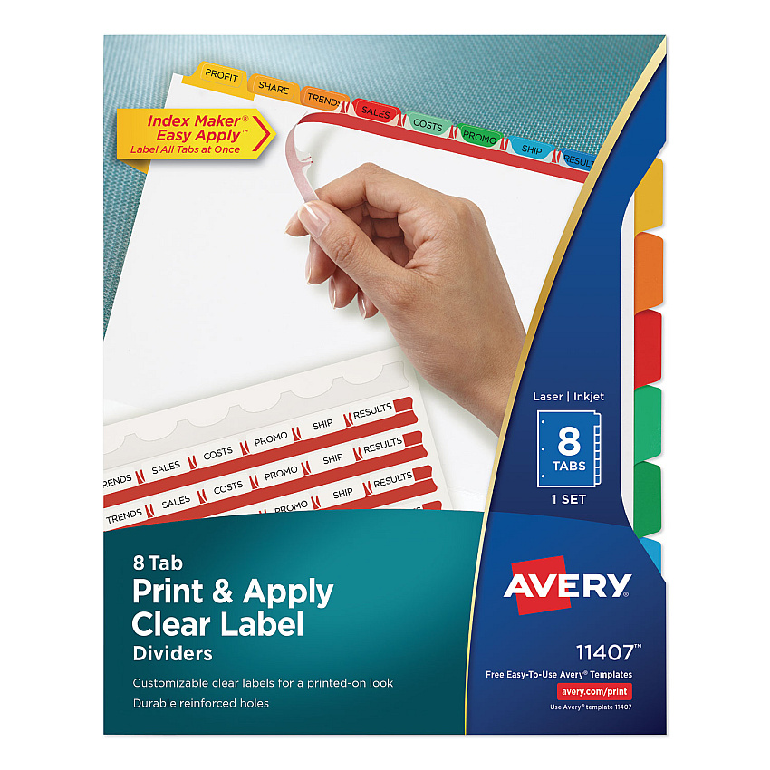 Avery Print and Apply Index Maker Clear Label Dividers, 8 Color Tabs, Letter (11407)