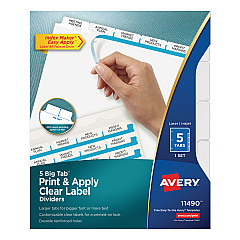 Avery Print and Apply Index Maker Clear Label Dividers, 5 White Tabs, Letter (11490)