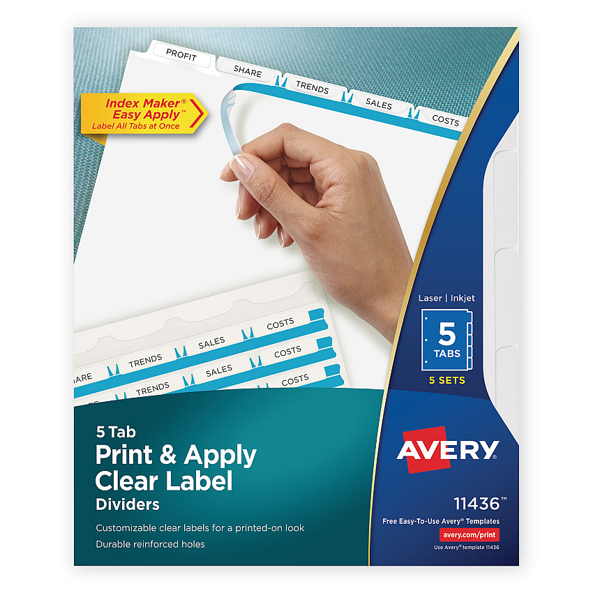 Avery Print and Apply Index Maker Clear Label Dividers, 5 White Tabs, Letter, 5 Sets (11436)