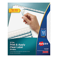 Avery Print and Apply Index Maker Clear Label Dividers, 12 White Tabs, Letter, 5 Sets (11429)