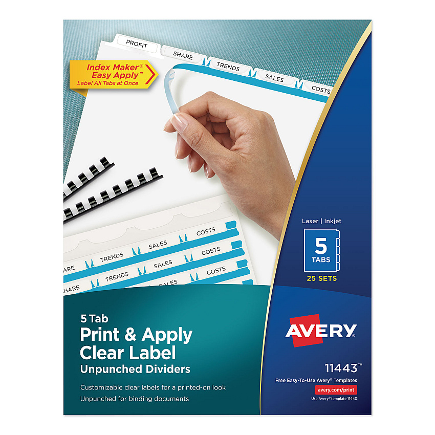 Avery Print and Apply Index Maker Clear Label Unpunched Dividers, 5-Tab, Ltr, 25 Sets (11443)