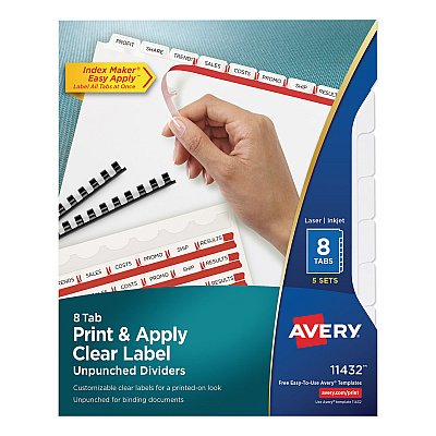 Avery Print and Apply Index Maker Clear Label Unpunched Dividers, 8Tab, Letter, 5 Sets (11432)