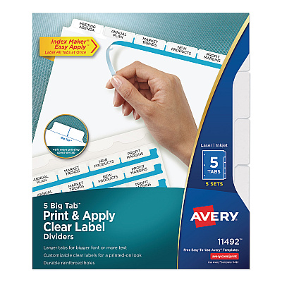 Avery Print and Apply Index Maker Clear Label Dividers, 5 White Tabs, Letter, 5 Sets (11492)