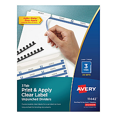 Avery Print and Apply Index Maker Clear Label Unpunched Dividers, 3-Tab, Ltr, 25 Sets (11442)