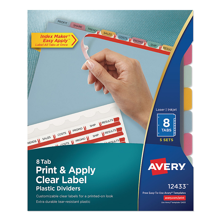 Avery Print and Apply Index Maker Clear Label Plastic Dividers with Printable Label Strip, 8-Tab, 11 x 8.5, Translucent, 5 Sets (12433)