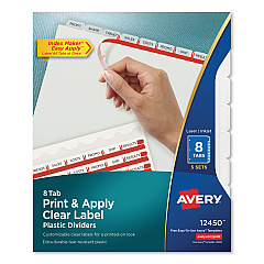 Avery Print and Apply Index Maker Clear Label Plastic Dividers with Printable Label Strip, 8-Tab, 11 x 8.5, Translucent, 5 Sets (12450)