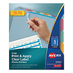Avery Print and Apply Index Maker Clear Label Plastic Dividers with Printable Label Strip, 5-Tab, 11 x 8.5, Translucent, 5 Sets (12452)