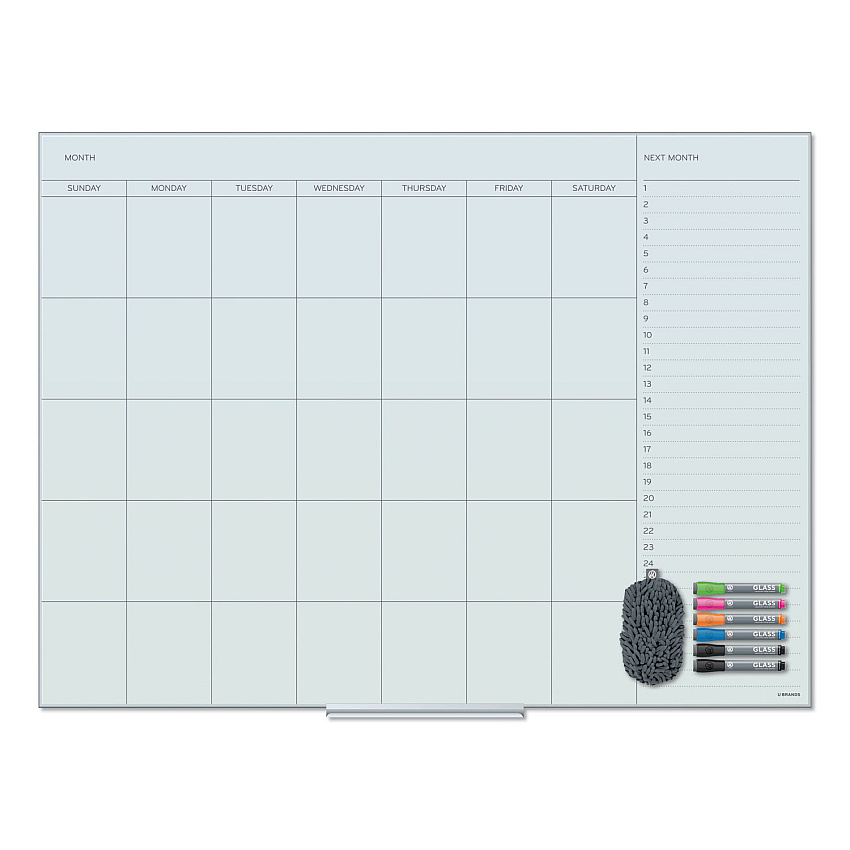U Brands Floating Glass Dry Erase Undated One Month Calendar, 48 x 36, White (3969U0001)