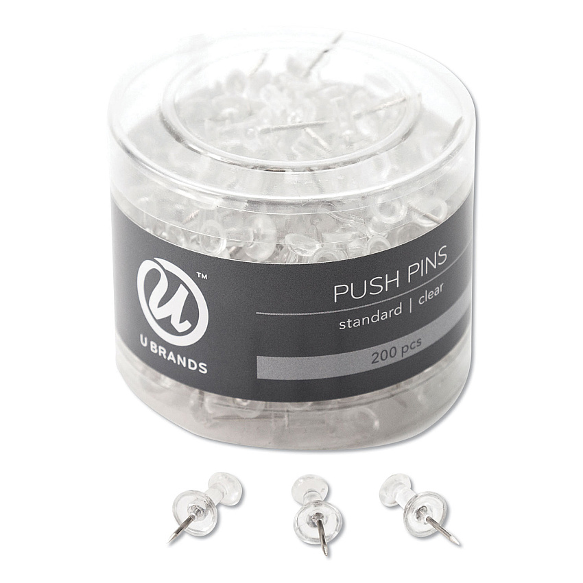 U Brands Standard Push Pins, Plastic, Clear, 7/16", 200/Pack (658U0824)