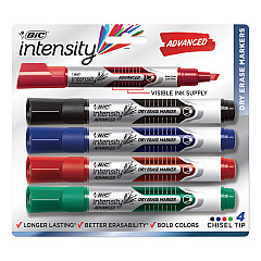 BIC Intensity Advanced Dry Erase Marker, Tank-Style, Broad Chisel Tip, Assorted Colors, 4/Pack (GELITP41AST)