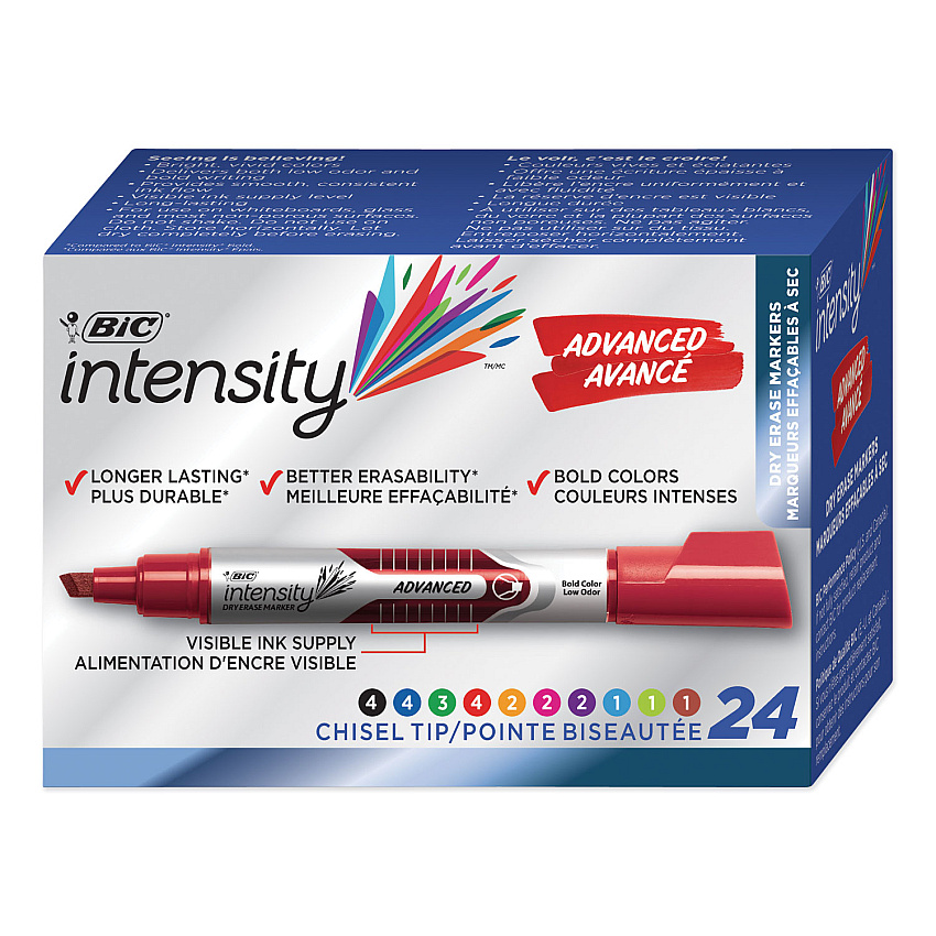 BIC Intensity Advanced Dry Erase Marker, Tank-Style, Broad Chisel Tip, Assorted Colors, 24/Pack (GELITP241AST)