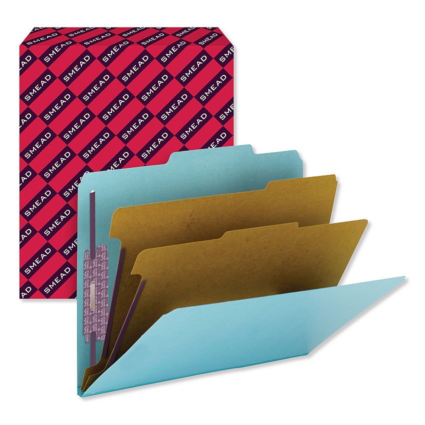 Smead Six-Section Pressboard Top Tab Classification Folders with SafeSHIELD Fasteners, 2 Dividers, Letter Size, Blue, 10/Box (14030)