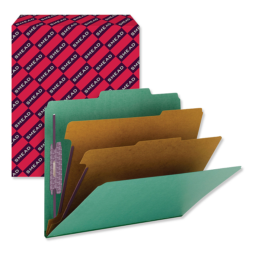 Smead Six-Section Pressboard Top Tab Classification Folders with SafeSHIELD Fasteners, 2 Dividers, Letter Size, Green, 10/Box (14033)