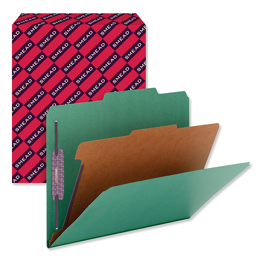 Smead Four-Section Pressboard Top Tab Classification Folders with SafeSHIELD Fasteners, 1 Divider, Letter Size, Green, 10/Box (13733)