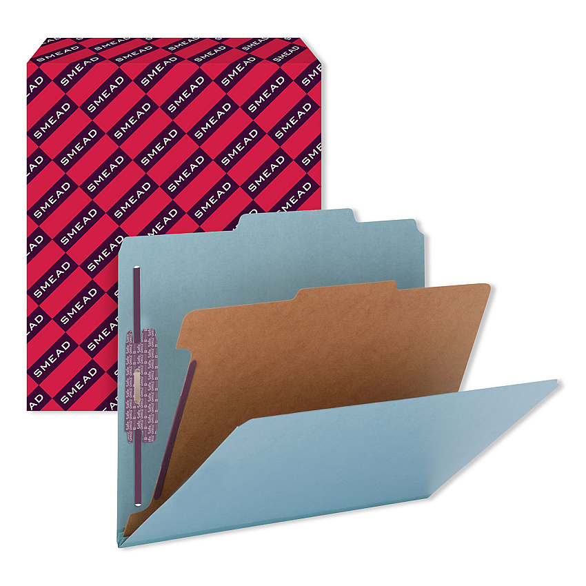 Smead Four-Section Pressboard Top Tab Classification Folders with SafeSHIELD Fasteners, 1 Divider, Letter Size, Blue, 10/Box (13730)