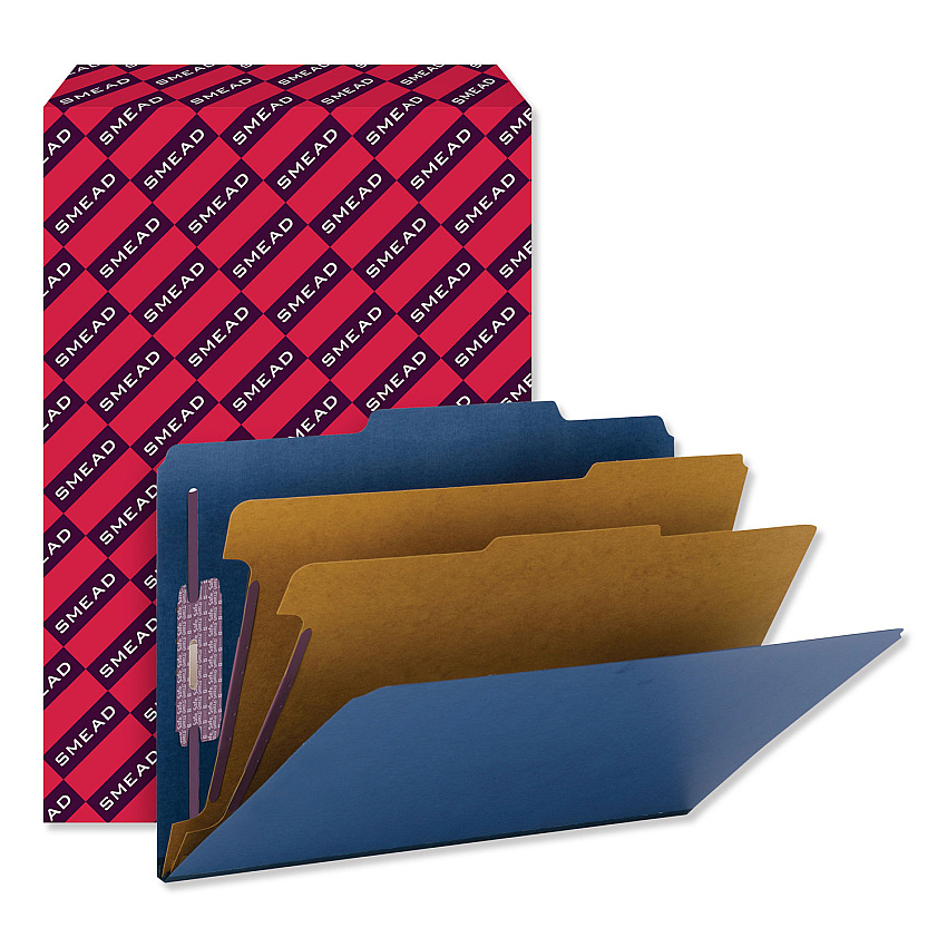Smead Six-Section Pressboard Top Tab Classification Folders with SafeSHIELD Fasteners, 2 Dividers, Legal Size, Dark Blue, 10/Box (19035)