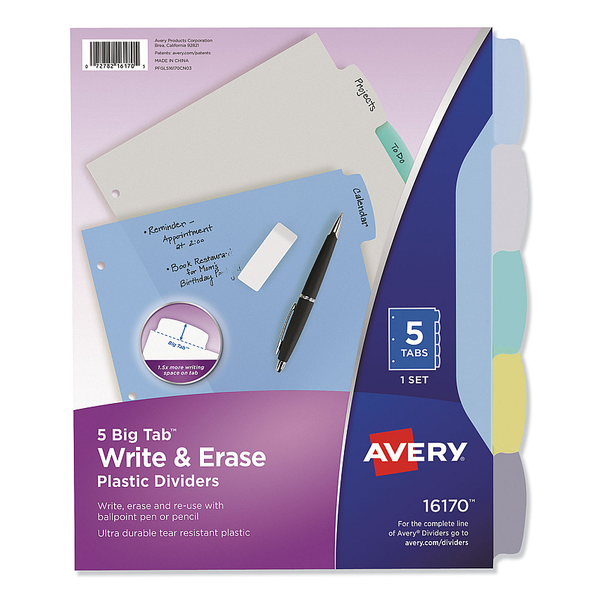 Avery Write and Erase Big Tab Durable Plastic Dividers, 3-Hold Punched, 5-Tab, 11 x 8.5, Assorted, 1 Set (16170)