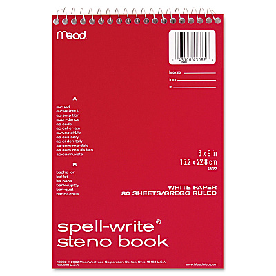 Mead Spell-Write Wirebound Steno Pad, Gregg Rule, Randomly Assorted Cover Colors, 80 White 6 x 9 Sheets (43082)